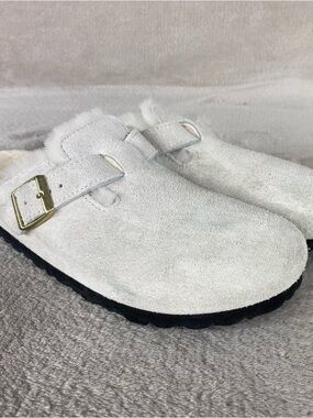 Birkenstock Boston Shearling Womens Clogs Sandals EU 39 US 8 Antique White Suede